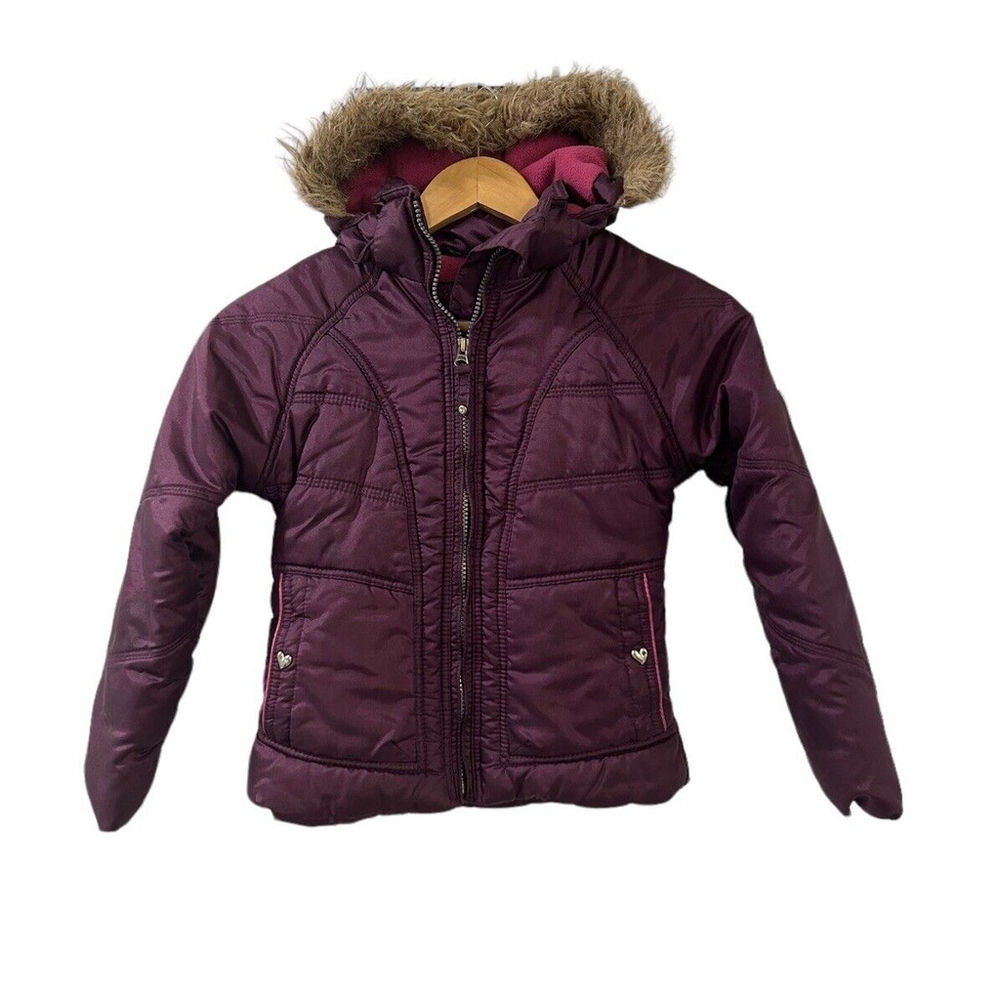 Hawke & Co Girls Puffer Jacket Size 6 Pink Metallic Faux Fur Hoodie